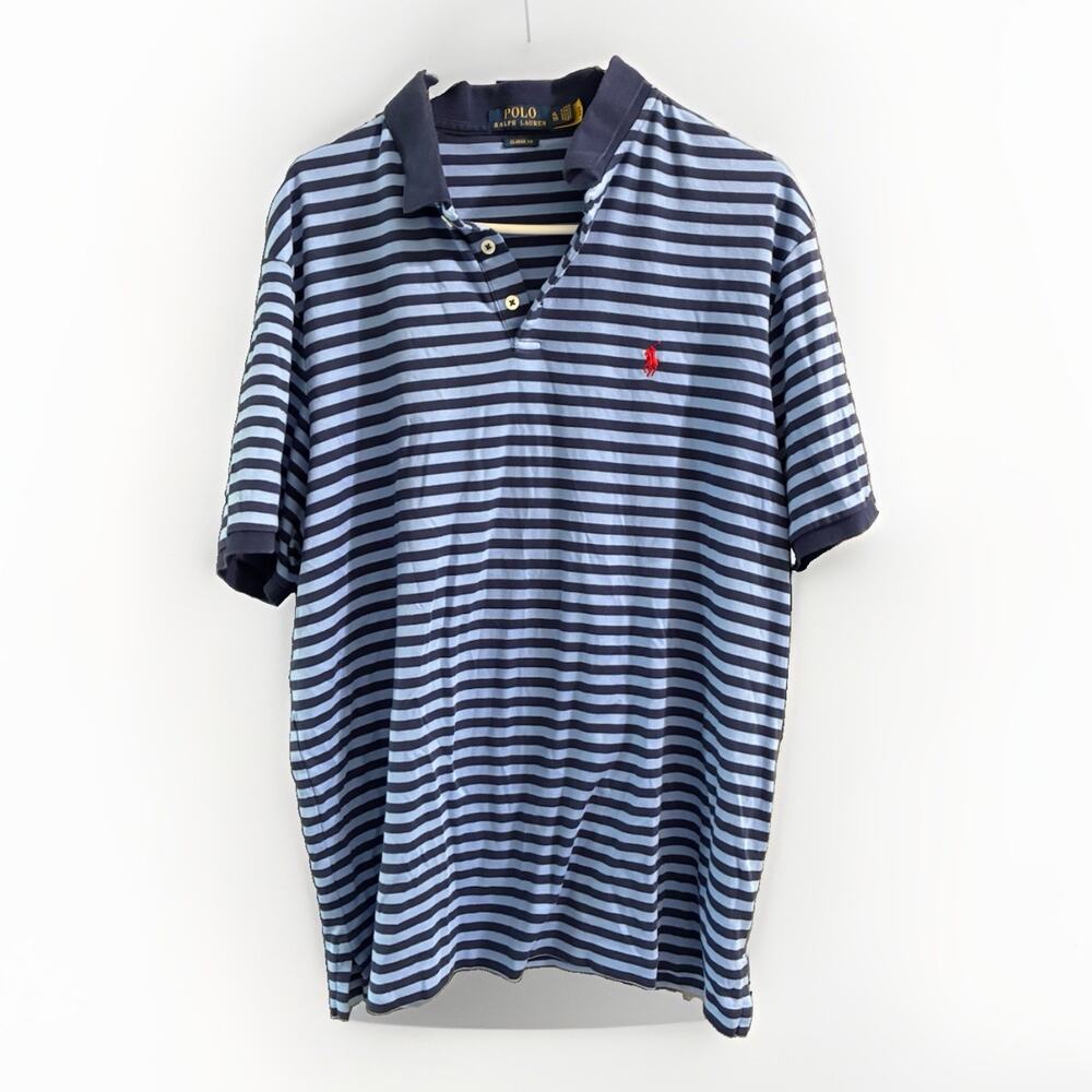 Polo Ralph Lauren Polo Shirt Men's XL Blue Striped Pony Logo Short Sleeve